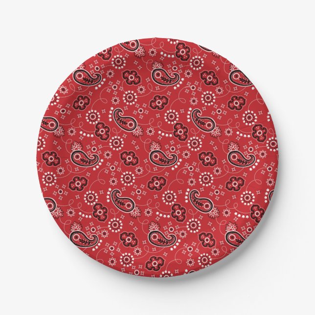 Red Bandana Pattern Cowboy Outdoors Adventure Paper Plates (Front)