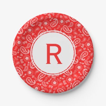 Red Bandana Pattern & Monogram Paper Plates by WRAPPED_TOO_TIGHT at Zazzle