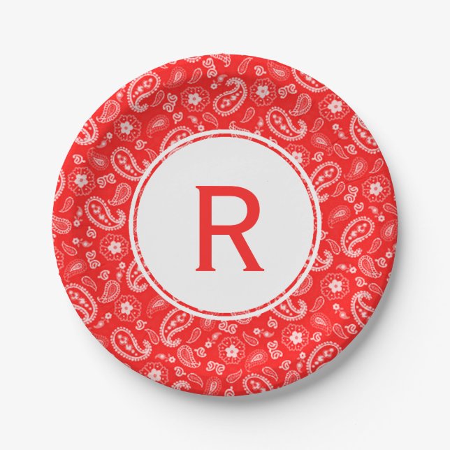 Red Bandana Pattern & Monogram Paper Plates (Front)