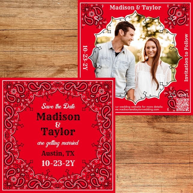 Red Bandana Photo Flat Save The Date Card (Classic red bandana Save the Date with your photo and a QR code.)