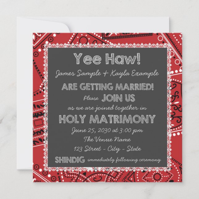 Red Bandana Rustic Country Chalkboard Wedding Invitation (Front)