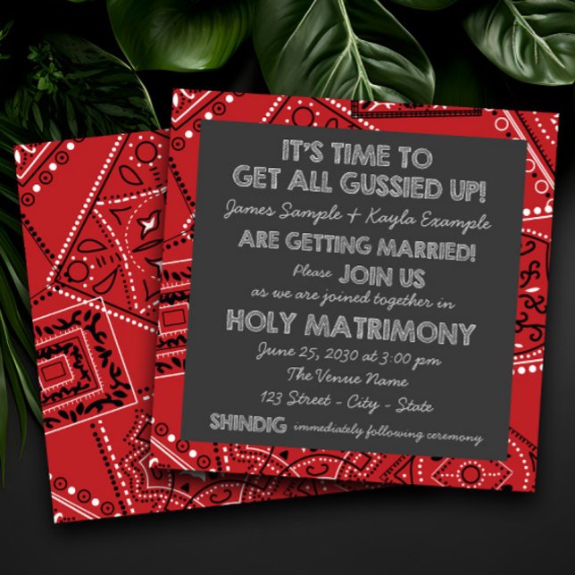 Red Bandana Rustic Country Chalkboard Wedding Invitation (Fun rustic cowboy red bandana wedding invitation. Simply add your details.)