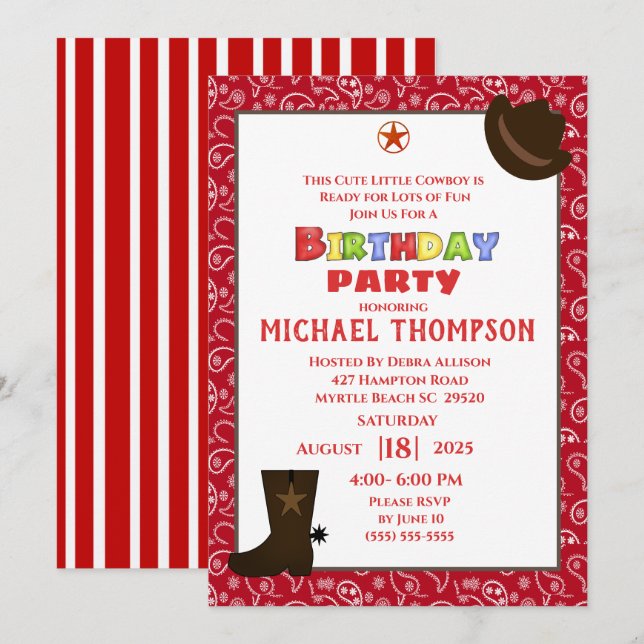 Red Bandana Western Cowboy Birthday Invitation (Front/Back)