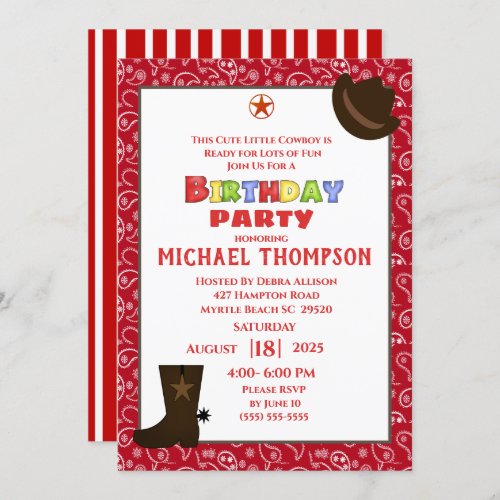 Red Bandana Western Cowboy Birthday Invitation