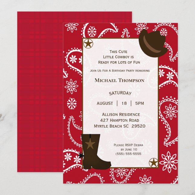 Red Bandana Western Cowboy Birthday Invitation (Front/Back)