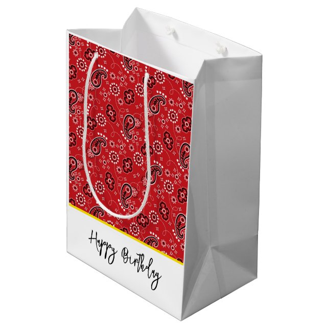Red Bandana Yellow Happy Birthday Text Western Medium Gift Bag (Back Angled)