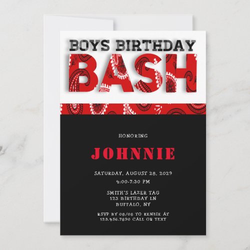 Red Bandanna Boys Bash Birthday Party Invitation