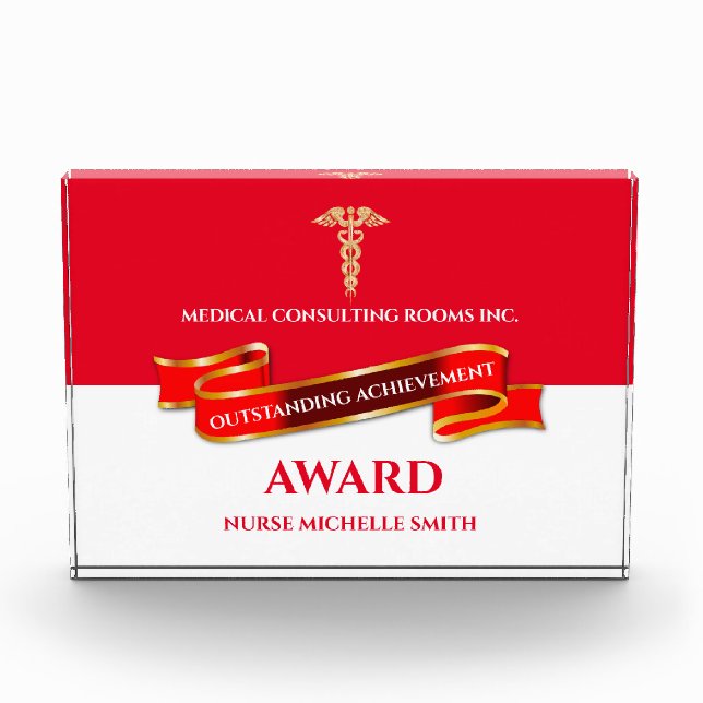 Red banner gold trim caduceus medical healthcare acrylic award (Front)