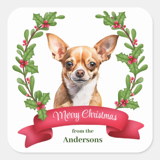 Red Banner Holly Brown Chihuahua Dog Christmas Square Sticker (Front)