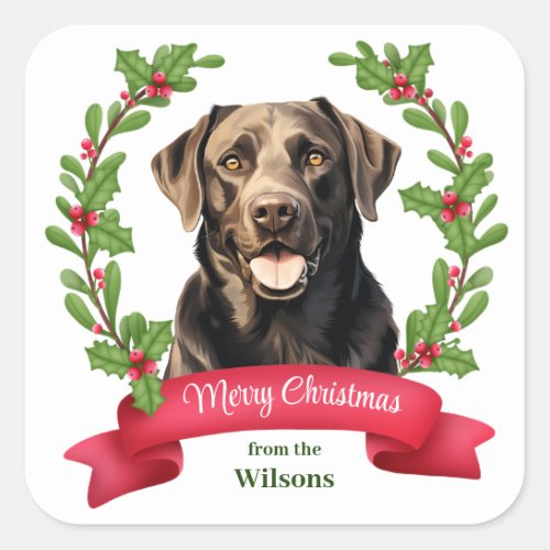 Red Banner Holly Chocolate Lab Retriever Christmas Square Sticker