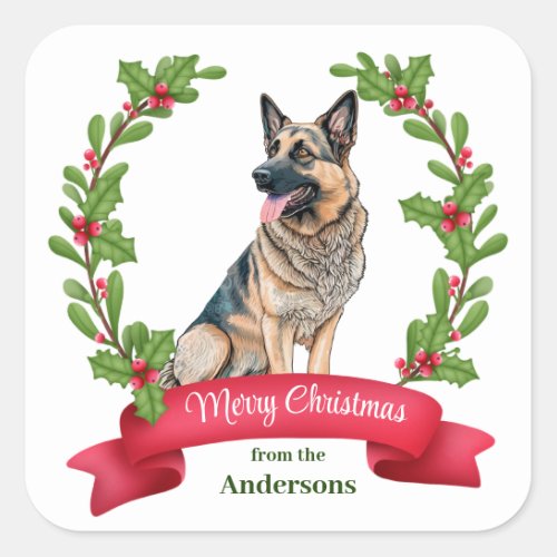 Red Banner Holly Wreath German Shepherd Christmas  Square Sticker