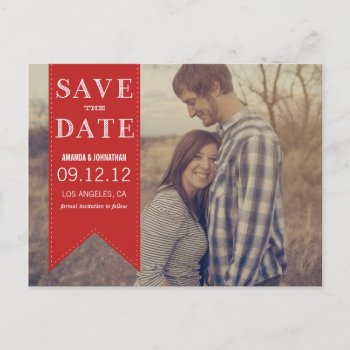 Red Banner Photo Save The Date Post Cards by AllyJCat at Zazzle