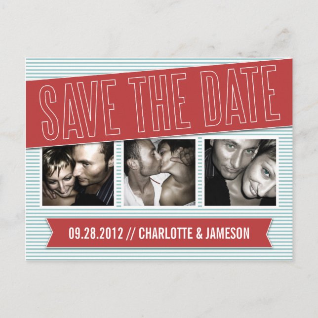 RED BANNER | SAVE THE DATE ANNOUNCEMENT POSTCARD (Front)