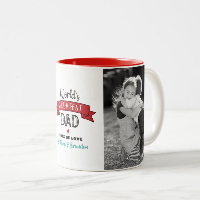 Red Banner World’s Greatest Dad 2 Photo Bold  Two-Tone Coffee Mug (Front Right)