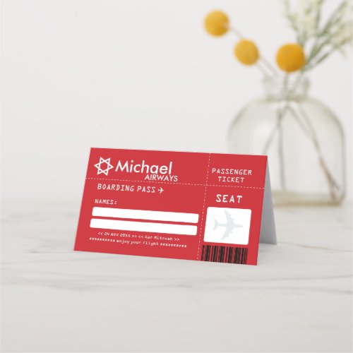 Red Bar Mitzvah Airline Ticket Place Card