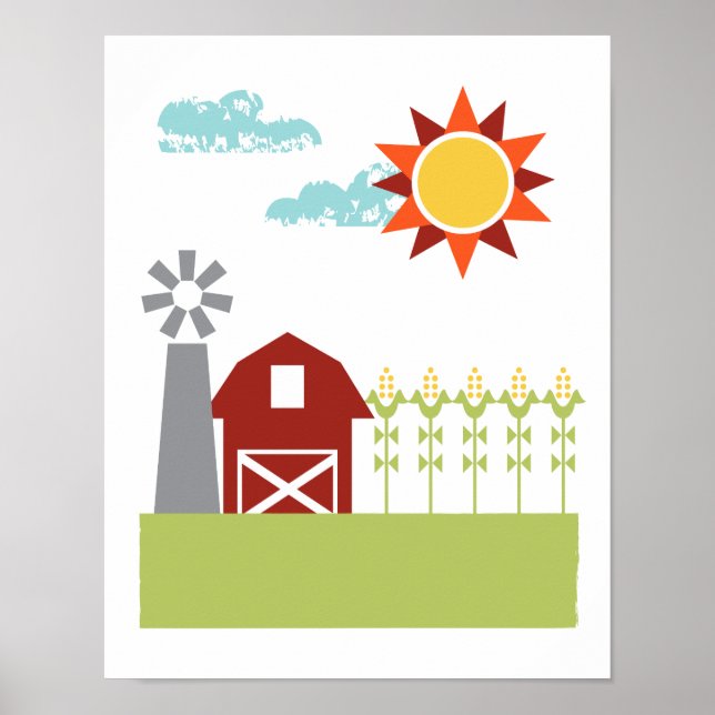 Red barn and corn illustrated art print (Front)