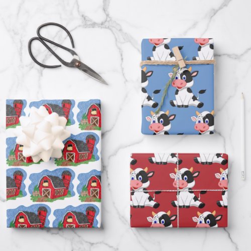 Red Barn and Cow Wrapping Paper Set
