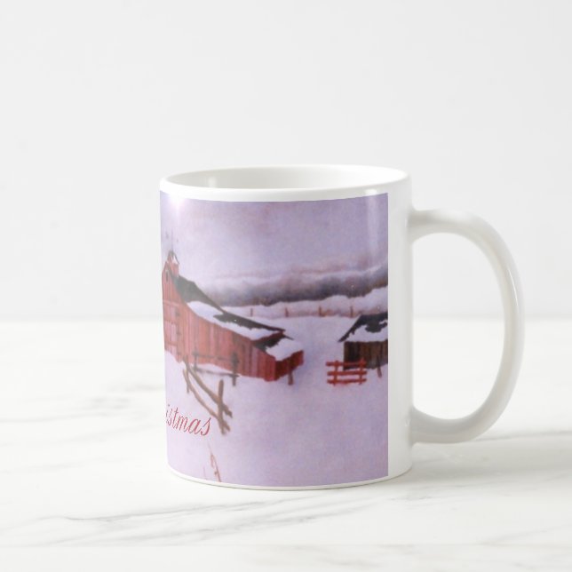 Red barn and farm in heavy winter snow coffee mug (Right)