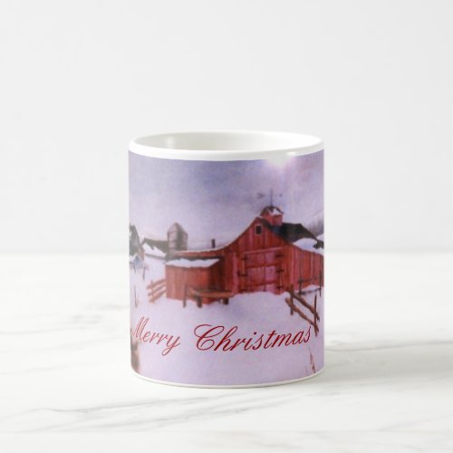 Red barn and farm in heavy winter snow coffee mug