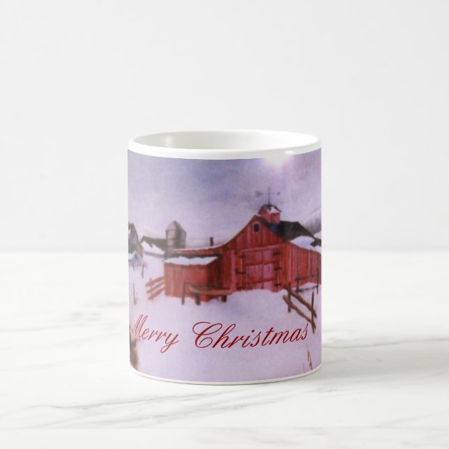 Red barn and farm in heavy winter snow coffee mug (Center)