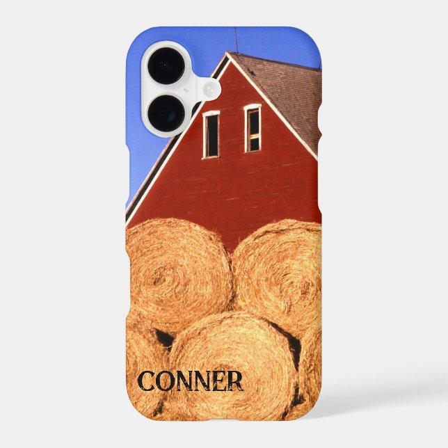 Red Barn and Hay Bales with Name iPhone 17 Case (Back)
