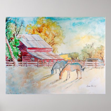 Red Barn and Horses in Pasture Poster