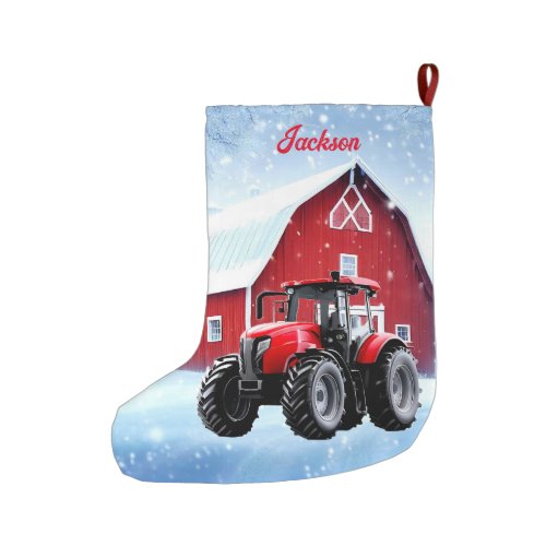 Red Barn and Modern Red Tractor Large Christmas Stocking