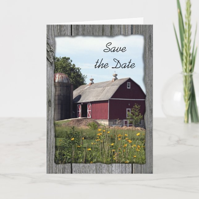 Red Barn and Silo Country Wedding Save the Date Announcement (Front)