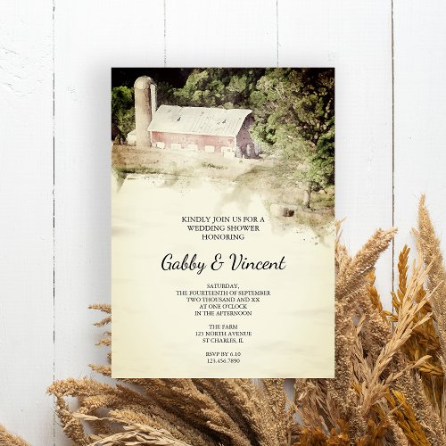 Red Barn and Silo Farm Watercolor Wedding Shower Invitation