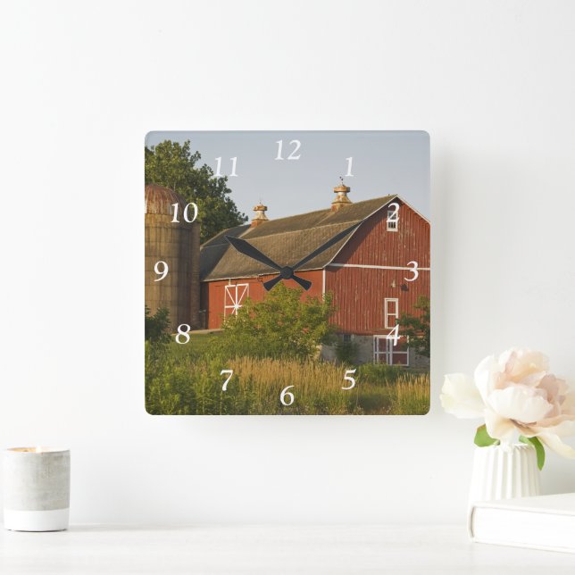 Red Barn and Silo Square Wall Clock (Home)