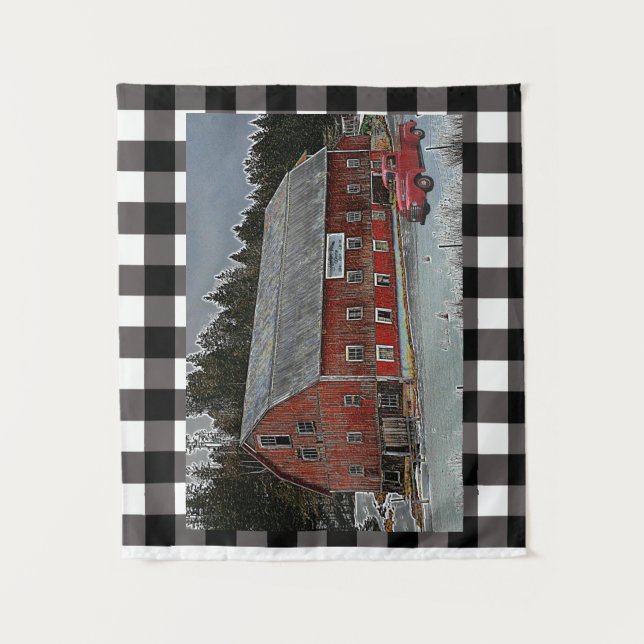 Red Barn and Truck on Plaid Tapestry (Front)