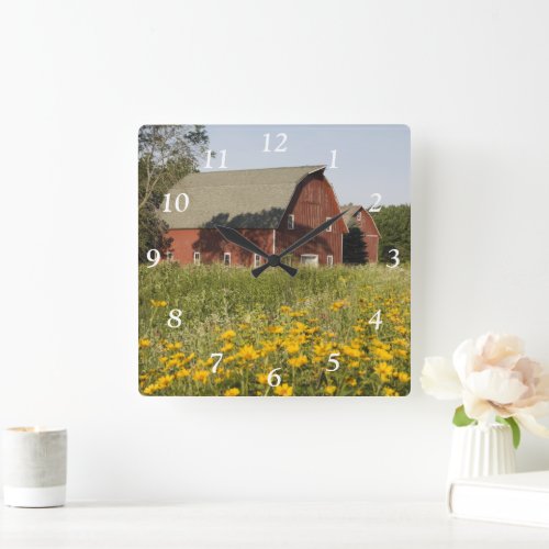 Red Barn and Yellow Wildflowers Square Clock