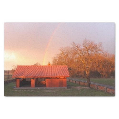 Red Barn Bathed in a Rainstorms Rainbow Tissue Paper