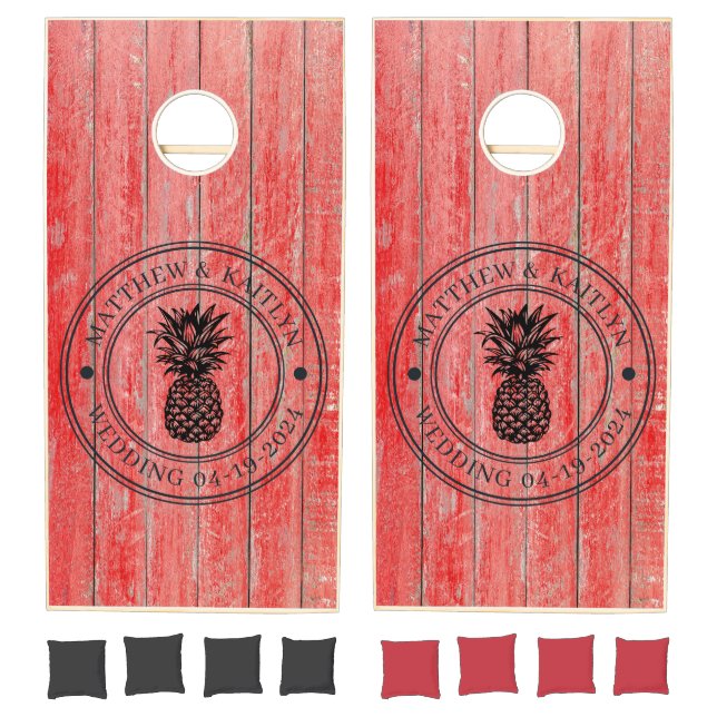 Red Barn Boards Pineapple Wedding Crest & Names Cornhole Set (Set)