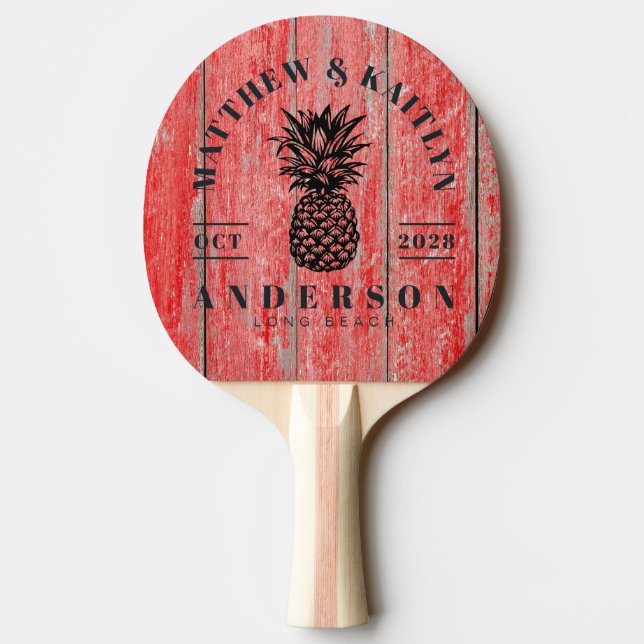 Red Barn Boards Tropical Pineapple Wedding Crest Ping Pong Paddle (Back)