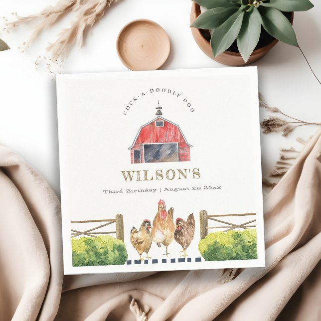 Red Barn Chicken Farm Watercolor Kids Birthday Napkins (Creator Uploaded)