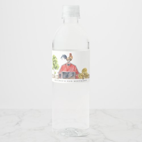 Red Barn Chicken Farm Watercolor Kids Birthday Water Bottle Label