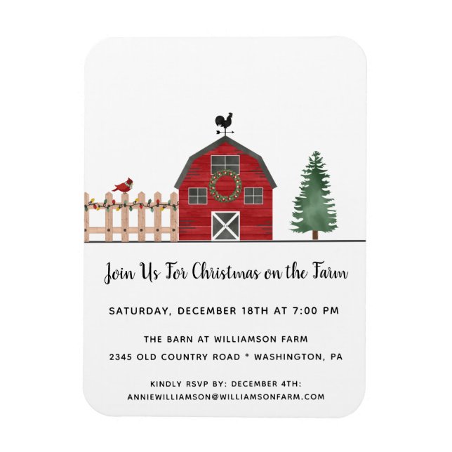 Red Barn Country Christmas Party Invitation Magnet (Vertical)