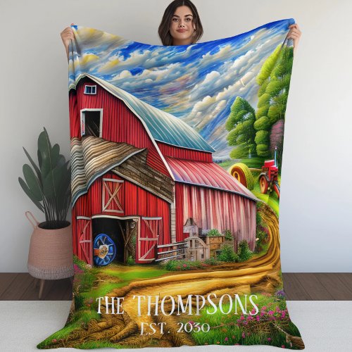 Red Barn Country Personalized Family Name Fleece Blanket
