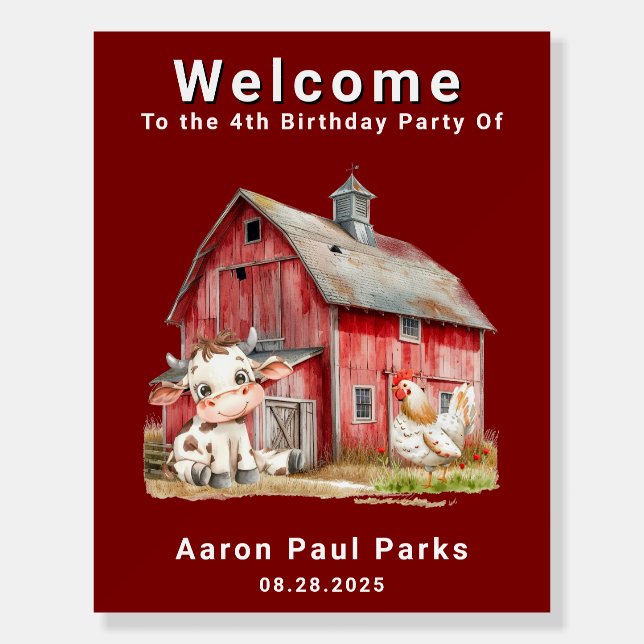 Red Barn Cow Chicken Boy Birthday Welcome Sign (Front)
