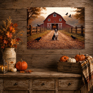 Red Barn, Crows, Boston Terrier Autumn Scene    Faux Canvas Print