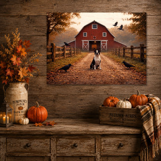 Red Barn, Crows, Boston Terrier Autumn Scene |  Faux Canvas Print