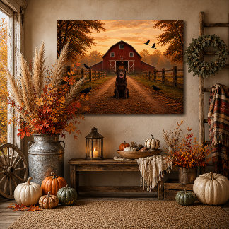 Red Barn, Crows, Chocolate Lab Autumn Scene |  Faux Canvas Print