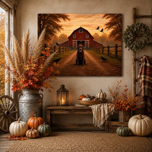 Red Barn, Crows, Chocolate Lab Autumn Scene |  Faux Canvas Print