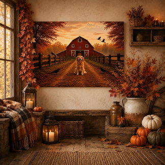 Red Barn, Crows, Golden Retriever Autumn Scene |  Faux Canvas Print