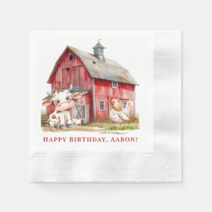 Red Barn Cute Cow and Chicken Boy Birthday Party Napkins