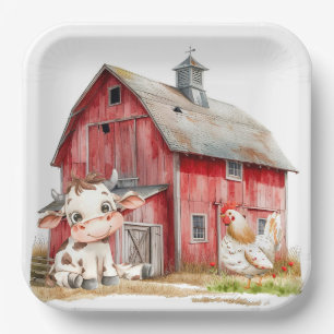 Red Barn Cute Cow and Chicken Boy Birthday Party Paper Plates