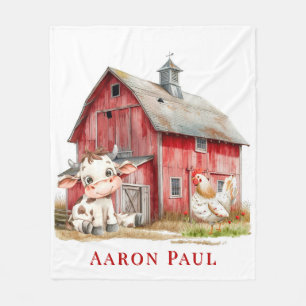 Red Barn Cute Cow Chicken Boy Birthday Party Gift Fleece Blanket