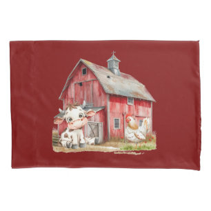 Red Barn Cute Cow Chicken Boy Birthday Party Gift Pillow Case