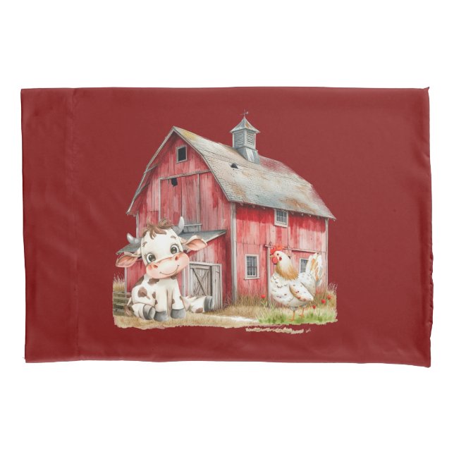 Red Barn Cute Cow Chicken Boy Birthday Party Gift Pillow Case (Front)